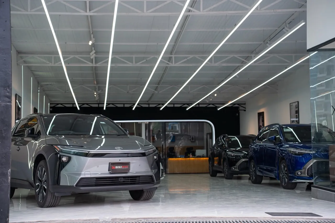 Toyota bZ4X at the showroom entrance
